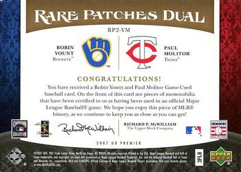 2007 Upper Deck Premier - Rare Patches Dual Gold #RP2-YM Robin Yount / Paul Molitor Back