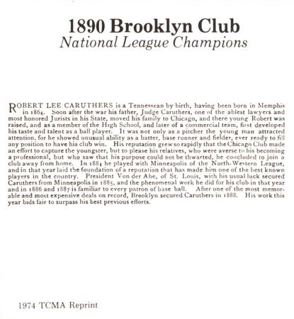 1974 TCMA 1890 Brooklyn Club Reprints #NNO Robert Lee Caruthers Back
