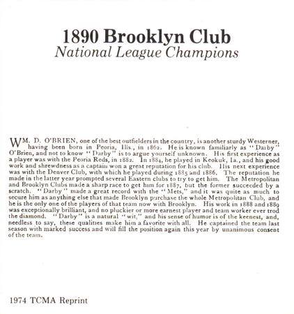 1974 TCMA 1890 Brooklyn Club Reprints #NNO Wm. D. O'Brien Back