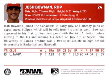 2010 Grandstand Vancouver Canadians #NNO Josh Bowman Back
