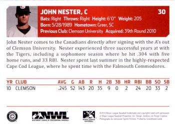 2010 Grandstand Vancouver Canadians #NNO John Nester Back