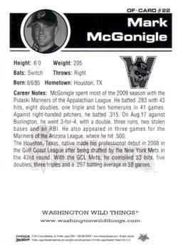 2010 Choice Washington Wild Things #22 Mark McGonigle Back