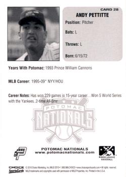2010 Choice Potomac Nationals All-Time Team #28 Andy Pettitte Back