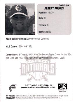 2010 Choice Potomac Nationals All-Time Team #31 Albert Pujols Back