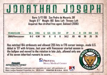 2010 Grandstand Kane County Cougars SGA #NNO Jonathan Joseph Back