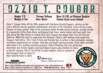 2010 Grandstand Kane County Cougars SGA #NNO Ozzie T. Cougar Back