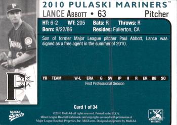 2010 MultiAd Pulaski Mariners #1 Lance Abbott Back