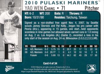 2010 MultiAd Pulaski Mariners #4 Yao Wen Chang Back