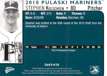 2010 MultiAd Pulaski Mariners #8 Stephen Kolscheen Back