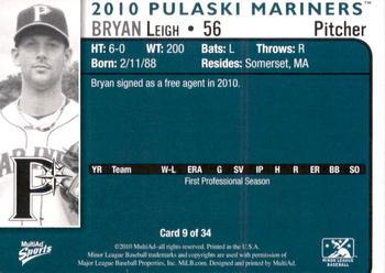 2010 MultiAd Pulaski Mariners #9 Bryan Leigh Back