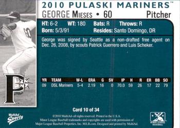 2010 MultiAd Pulaski Mariners #10 George Mieses Back