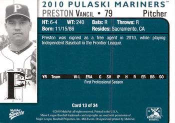 2010 MultiAd Pulaski Mariners #13 Preston Vancil Back