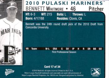 2010 MultiAd Pulaski Mariners #17 Bennett Whitmore Back