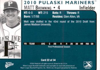 2010 MultiAd Pulaski Mariners #22 Matt Browning Back