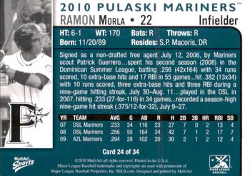 2010 MultiAd Pulaski Mariners #24 Ramon Morla Back