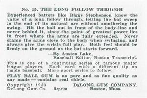 1933 DeLong Gum (R333) (reprint) #15 Riggs Stephenson Back
