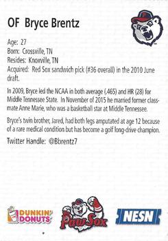 2016 Dunkin' Donuts NESN Pawtucket Red Sox #NNO Bryce Brentz Back