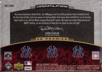 2007 Upper Deck Premier - Rare Remnants Triple #RR3-RDG Babe Ruth / Joe DiMaggio / Lou Gehrig Back