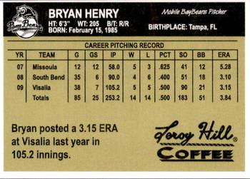 2010 Mobile BayBears #NNO Bryan Henry Back