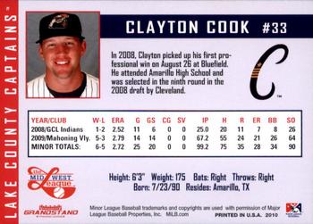 2010 Grandstand Lake County Captains #NNO Clayton Cook Back