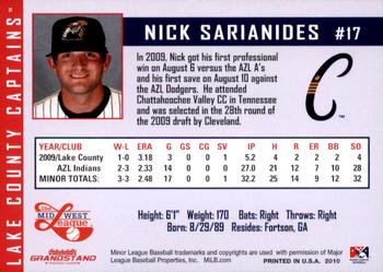 2010 Grandstand Lake County Captains #NNO Nick Sarianides Back