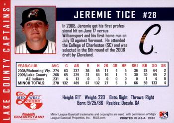2010 Grandstand Lake County Captains #NNO Jeremie Tice Back
