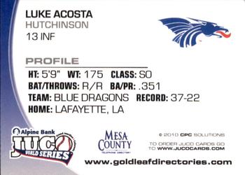 2010 Juco World Series Hutchinson Blue Dragons #NNO Luke Acosta Back