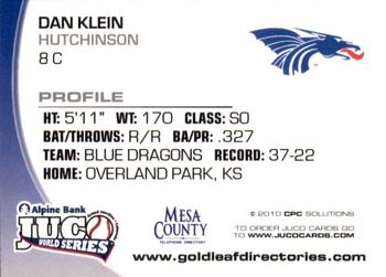 2010 Juco World Series Hutchinson Blue Dragons #NNO Dan Klein Back