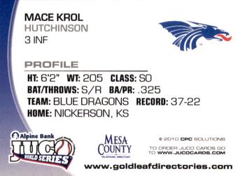 2010 Juco World Series Hutchinson Blue Dragons #NNO Mace Krol Back