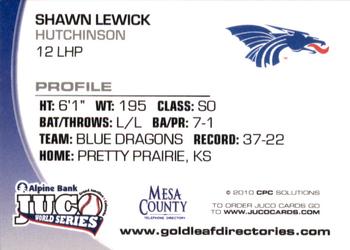 2010 Juco World Series Hutchinson Blue Dragons #NNO Shawn Lewick Back