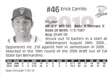 2010 Jamestown Jammers #NNO Erick Carrillo Back