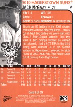 2010 MultiAd Hagerstown Suns #9 Jack McGeary Back