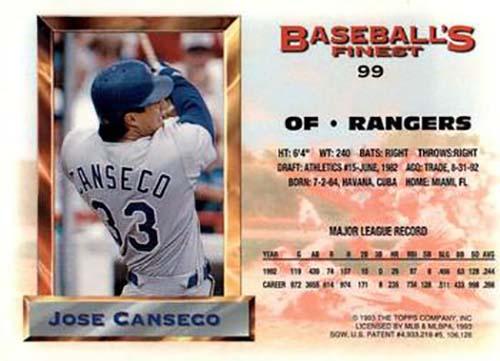 1993 Finest - All-Stars Jumbo #99 Jose Canseco Back