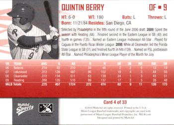 2010 MultiAd Reading Phillies #4 Quintin Berry Back