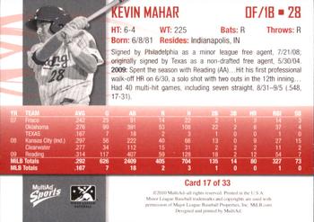 2010 MultiAd Reading Phillies #17 Kevin Mahar Back