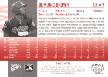 2010 MultiAd Reading Phillies SGA #1 Domonic Brown Back