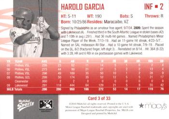 2010 MultiAd Reading Phillies SGA #3 Harold Garcia Back