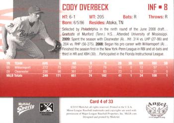 2010 MultiAd Reading Phillies SGA #4 Cody Overbeck Back