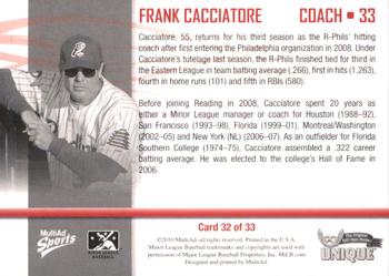 2010 MultiAd Reading Phillies SGA #32 Frank Cacciatore Back