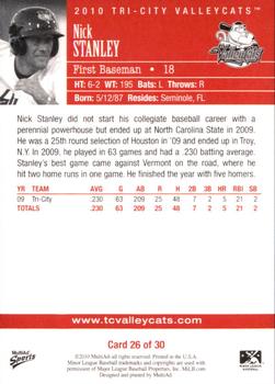 2010 MultiAd Tri-City ValleyCats #26 Nick Stanley Back