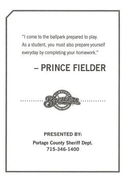 2010 Milwaukee Brewers Police - Portage County Sheriff Dept. #NNO Prince Fielder Back