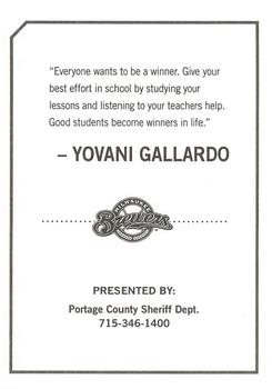2010 Milwaukee Brewers Police - Portage County Sheriff Dept. #NNO Yovani Gallardo Back