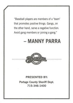 2010 Milwaukee Brewers Police - Portage County Sheriff Dept. #NNO Manny Parra Back