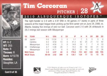 2010 MultiAd Albuquerque Isotopes #9 Tim Corcoran Back