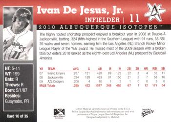 2010 MultiAd Albuquerque Isotopes #10 Ivan DeJesus, Jr. Back