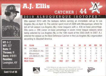 2010 MultiAd Albuquerque Isotopes #13 A.J. Ellis Back