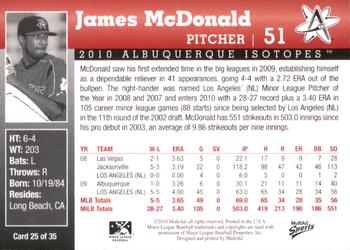 2010 MultiAd Albuquerque Isotopes #25 James McDonald Back