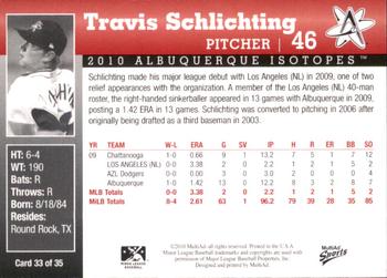2010 MultiAd Albuquerque Isotopes #33 Travis Schlichting Back