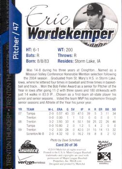 2010 MultiAd Trenton Thunder #20 Eric Wordekemper Back