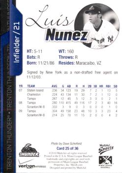 2010 MultiAd Trenton Thunder #25 Luis Nunez Back